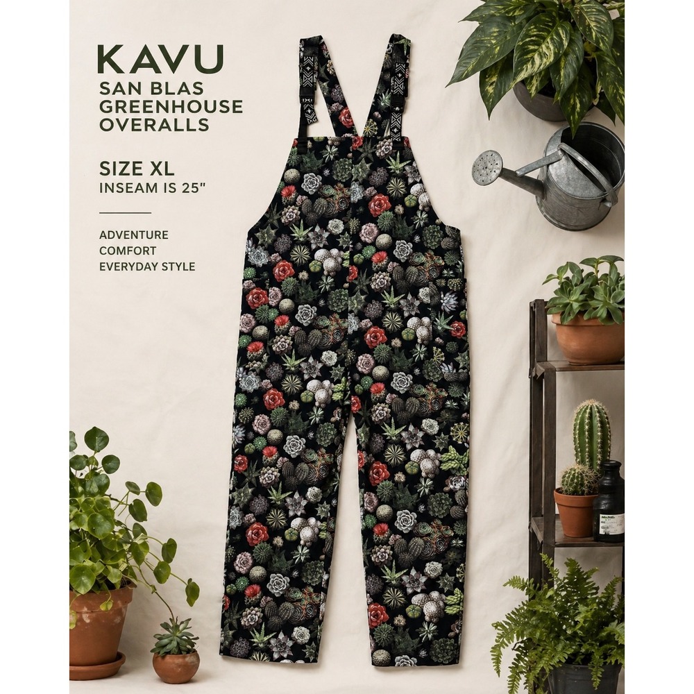 KAVU San Blas Greenhouse Overalls XL Black Succulent Cactus Print NWT 6094-856-4 - Picture 3 of 11